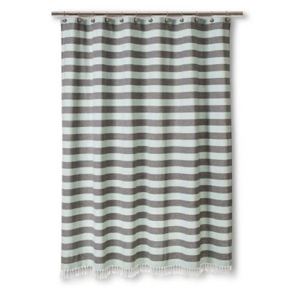 Nate Berkus teal and grey striped shower curtain